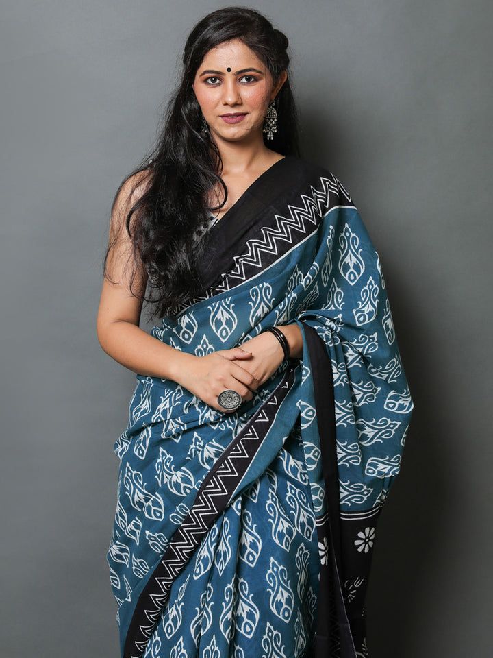 Buta Buti Blue Colour Abstract Printed Pure Cotton Saree