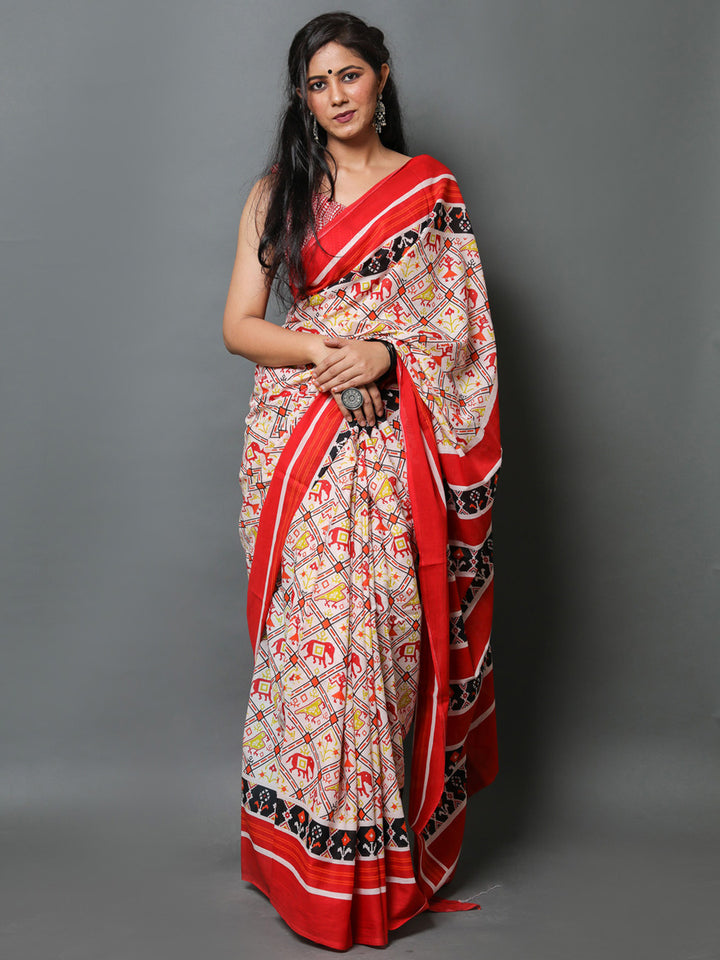 Buta Buti White & Red Ethnic Motifs Pure Cotton Saree