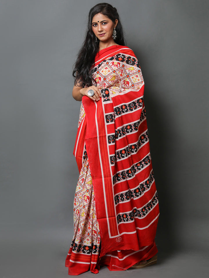 Buta Buti White & Red Ethnic Motifs Pure Cotton Saree