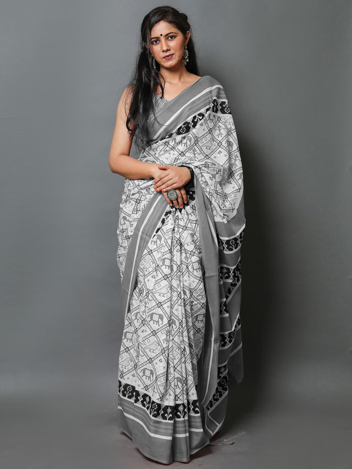 Buta Buti Grey Color Abstract Printed Pure Cotton Saree