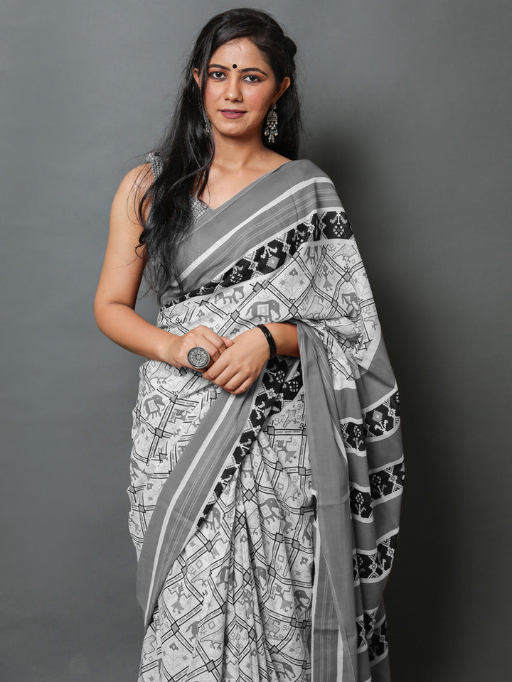 Buta Buti Grey Color Abstract Printed Pure Cotton Saree