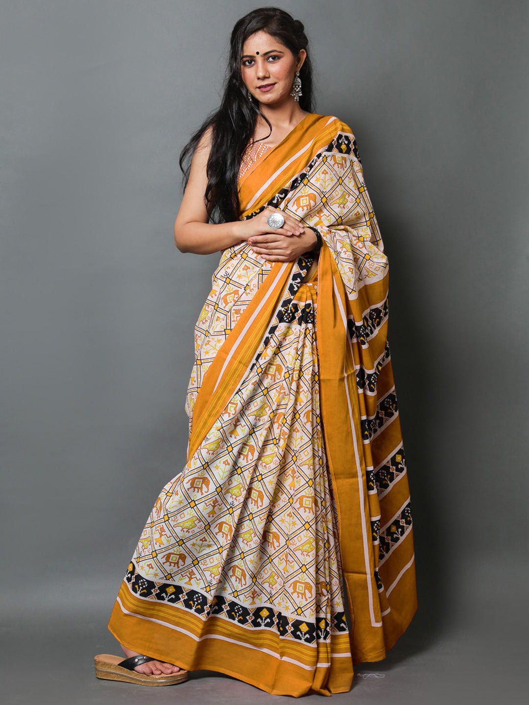 Buta Buti Mustard Color Abstract Printed Pure Cotton Saree