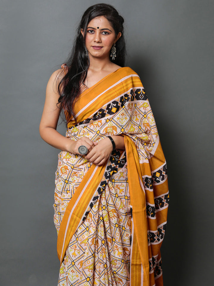 Buta Buti Mustard Color Abstract Printed Pure Cotton Saree