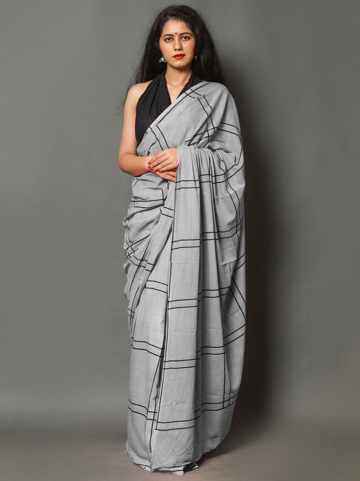 Buta Buti Grey Color Checked Printed Pure Cotton Saree