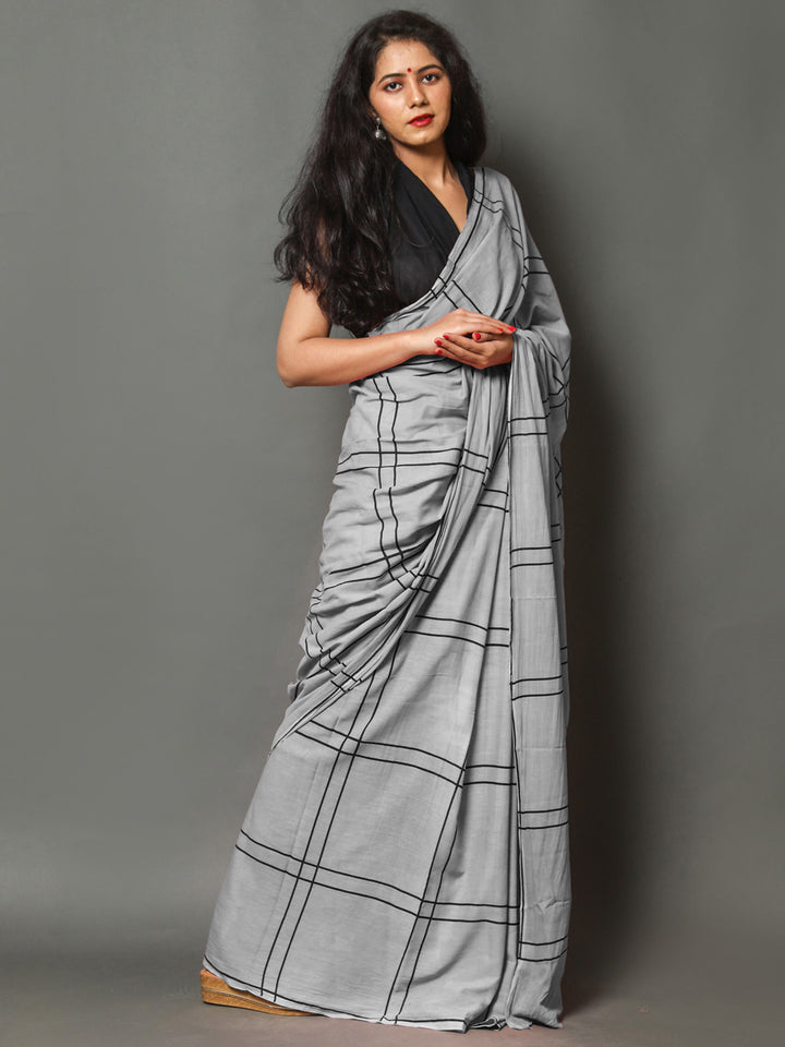 Buta Buti Grey Color Checked Printed Pure Cotton Saree