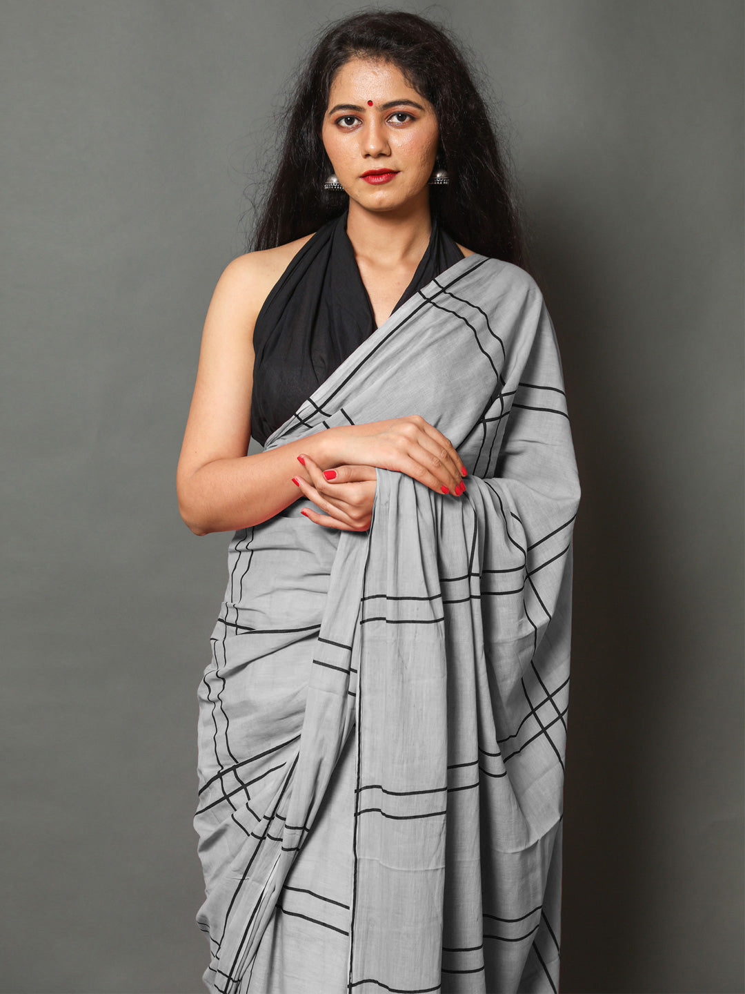 Buta Buti Grey Color Checked Printed Pure Cotton Saree