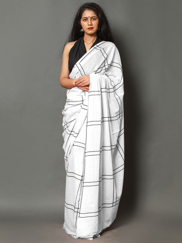 Buta Buti White Color Checked Printed Pure Cotton Saree