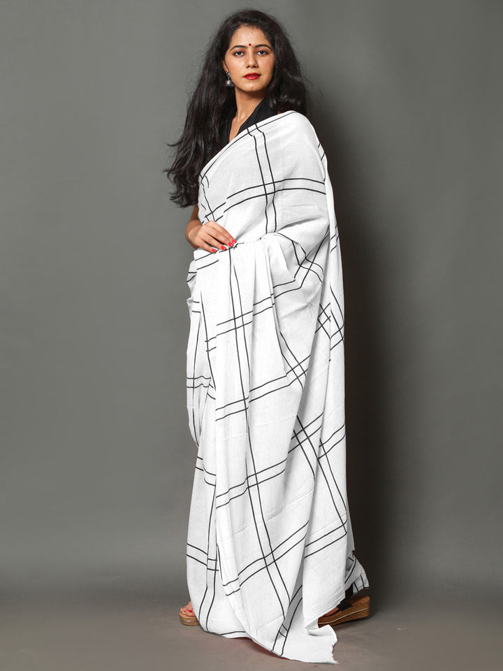 Buta Buti White Color Checked Printed Pure Cotton Saree