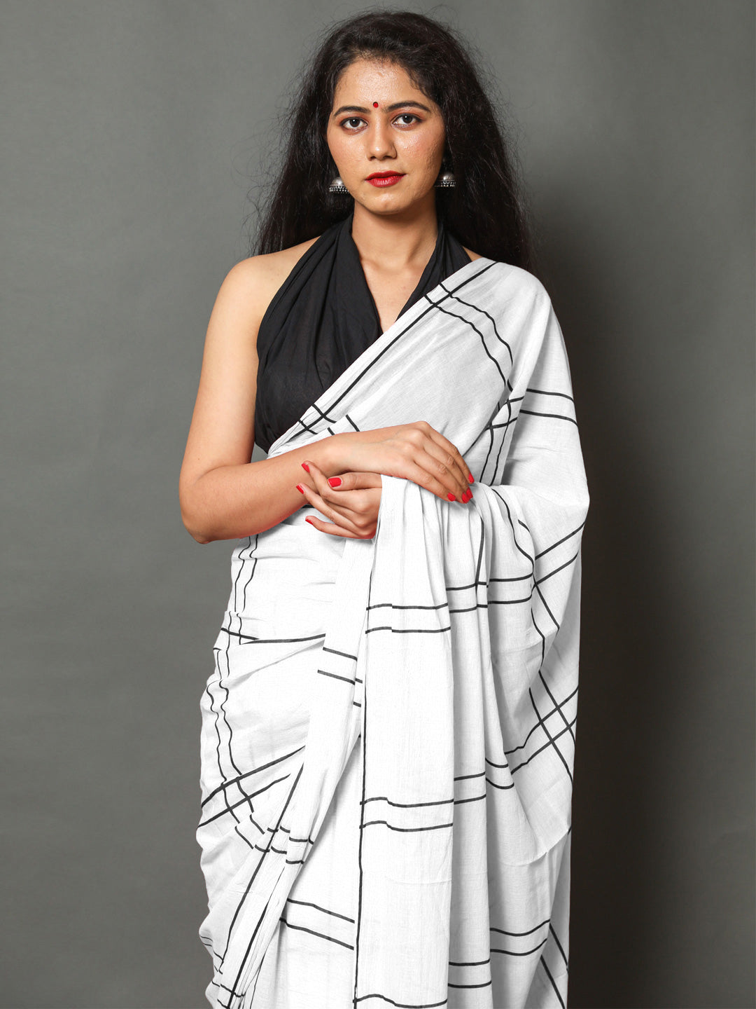 Buta Buti White Color Checked Printed Pure Cotton Saree