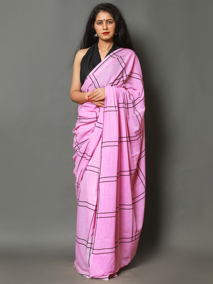 Buta Buti Pink Color Checked Printed Pure Cotton Saree