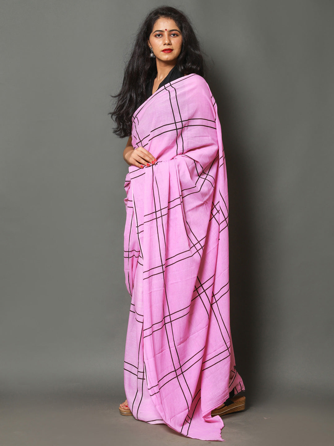 Buta Buti Pink Color Checked Printed Pure Cotton Saree