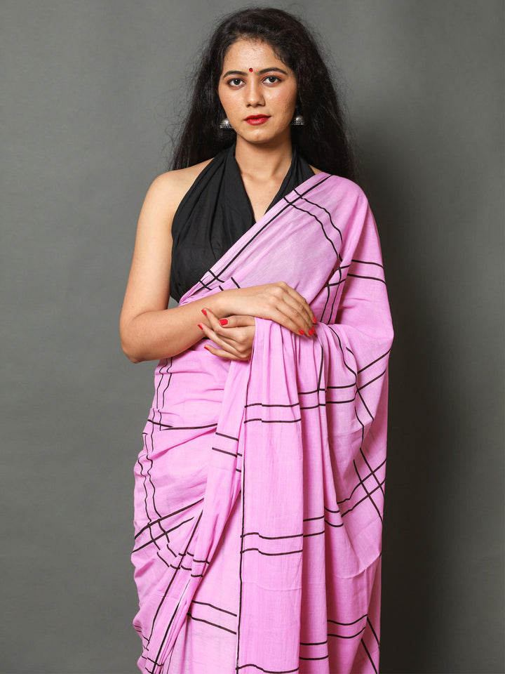 Buta Buti Pink Color Checked Printed Pure Cotton Saree