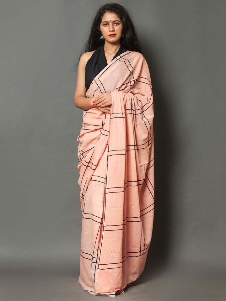 Buta Buti Peach Color Checked Printed Pure Cotton Saree