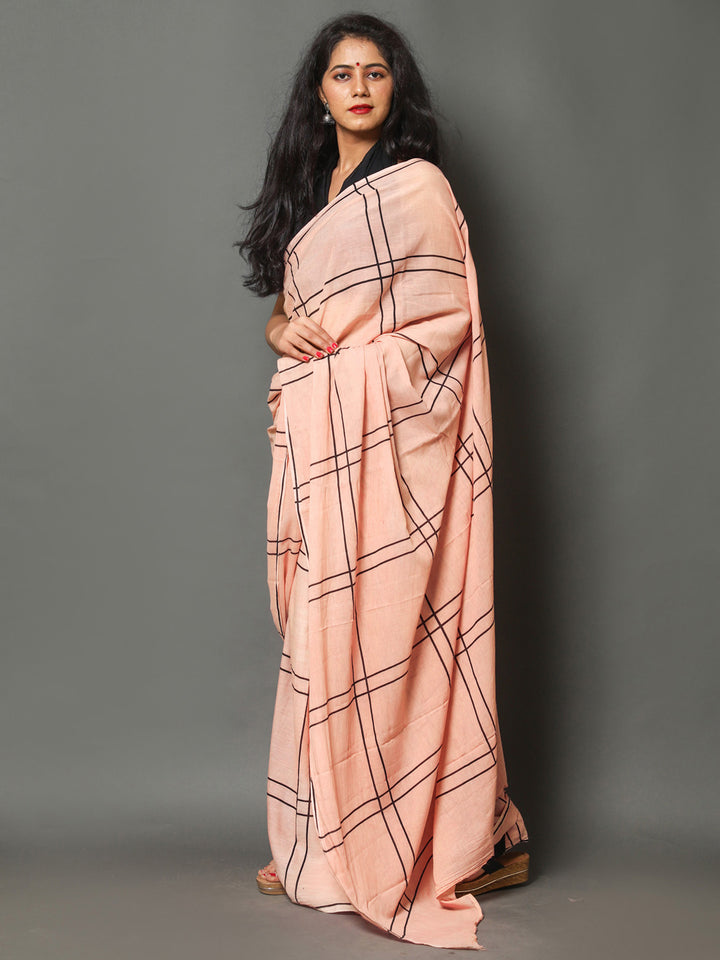 Buta Buti Peach Color Checked Printed Pure Cotton Saree