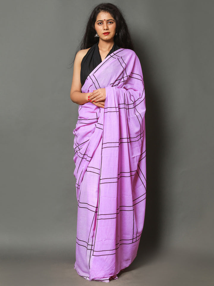 Buta Buti Purple Color Checked Printed Pure Cotton Saree