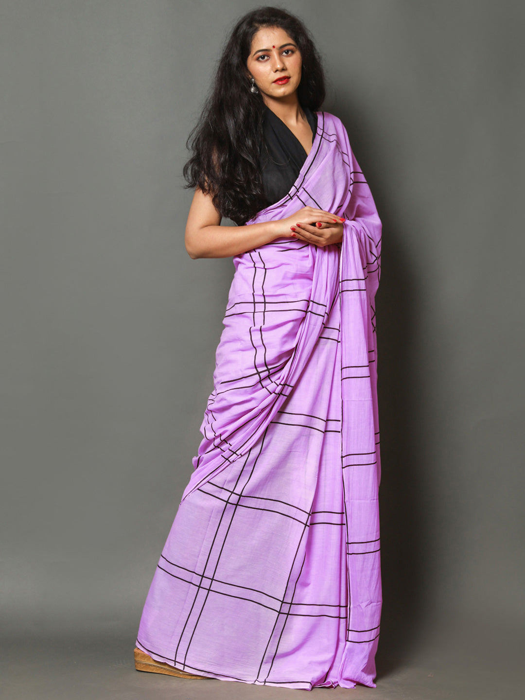 Buta Buti Purple Color Checked Printed Pure Cotton Saree