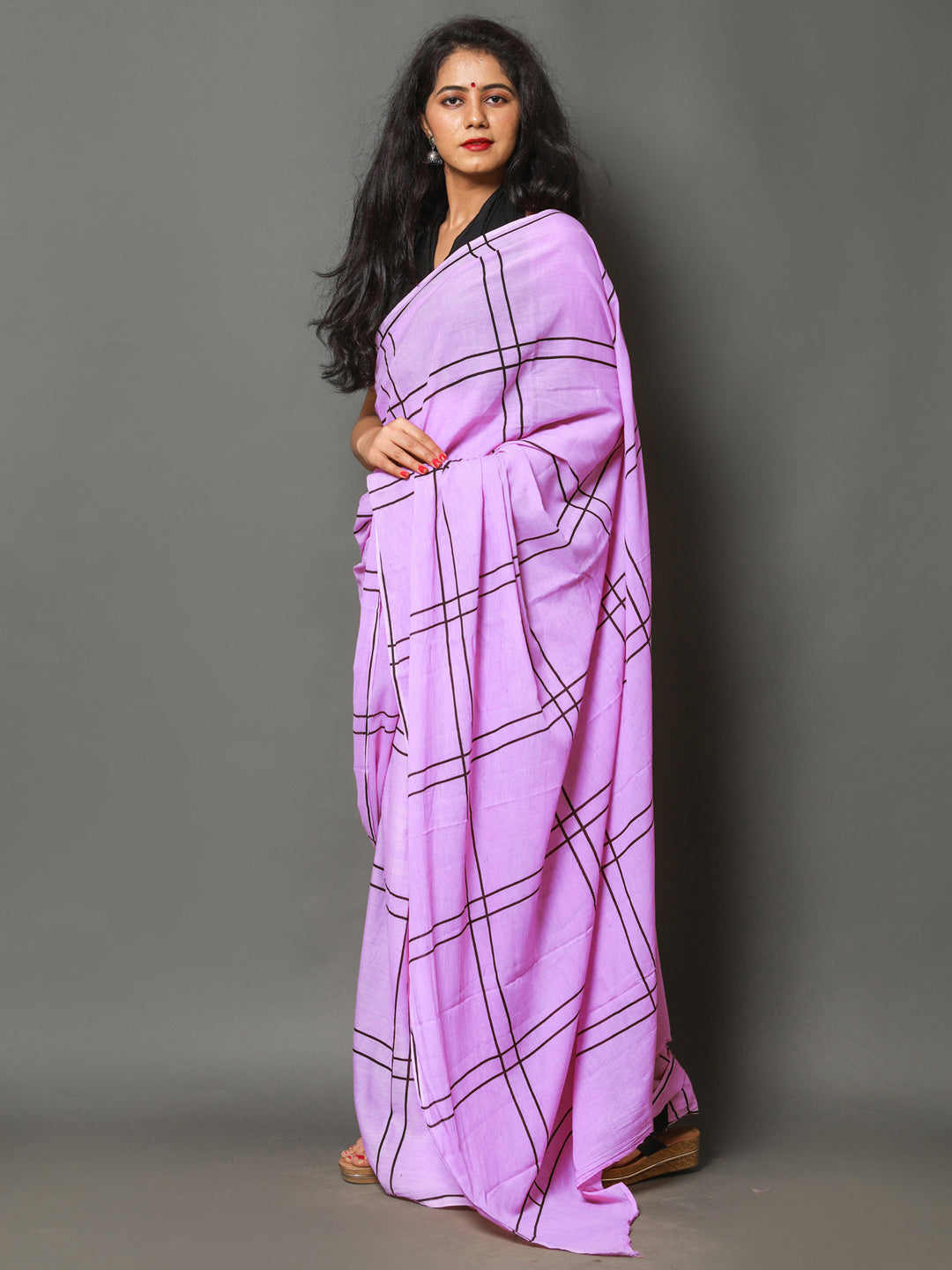 Buta Buti Purple Color Checked Printed Pure Cotton Saree