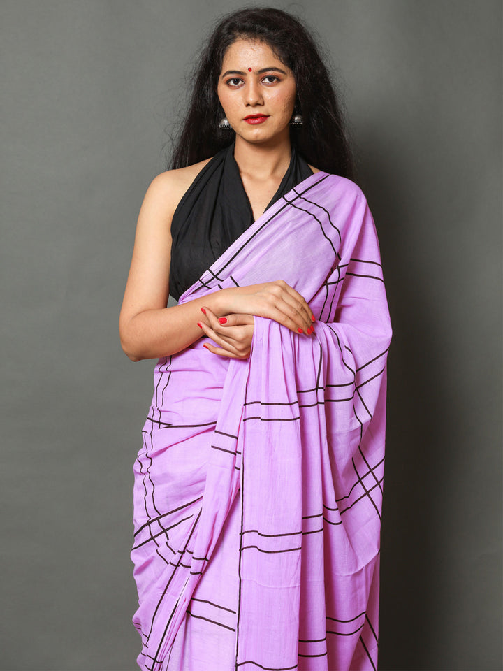 Buta Buti Purple Color Checked Printed Pure Cotton Saree