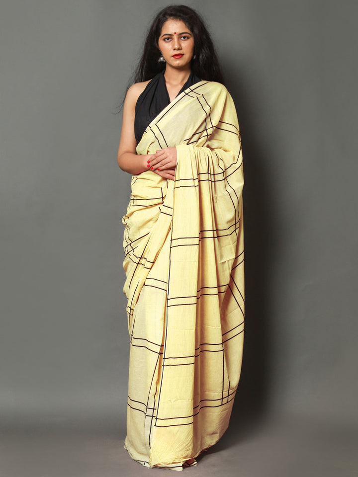 Buta Buti Yellow Color Checked Printed Pure Cotton Saree