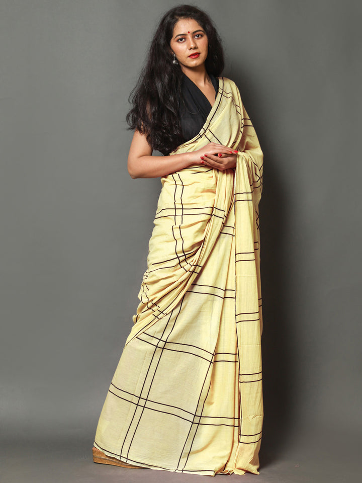 Buta Buti Yellow Color Checked Printed Pure Cotton Saree