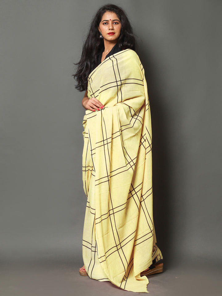 Buta Buti Yellow Color Checked Printed Pure Cotton Saree