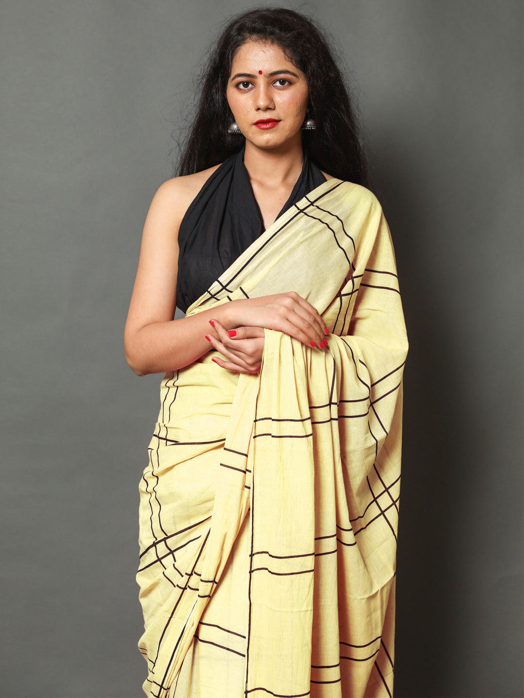 Buta Buti Yellow Color Checked Printed Pure Cotton Saree