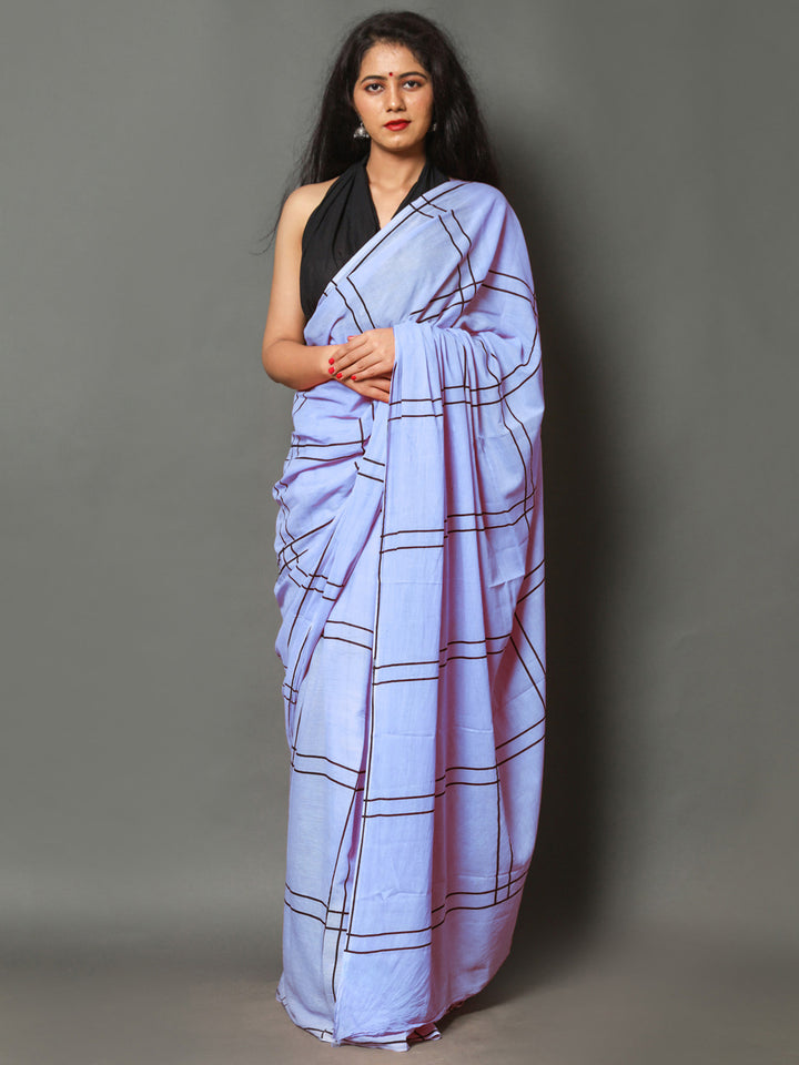 Buta Buti Blue Color Checked Printed Pure Cotton Saree