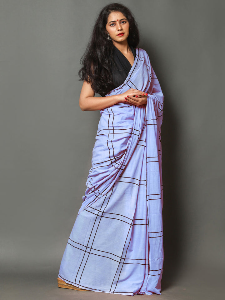 Buta Buti Blue Color Checked Printed Pure Cotton Saree