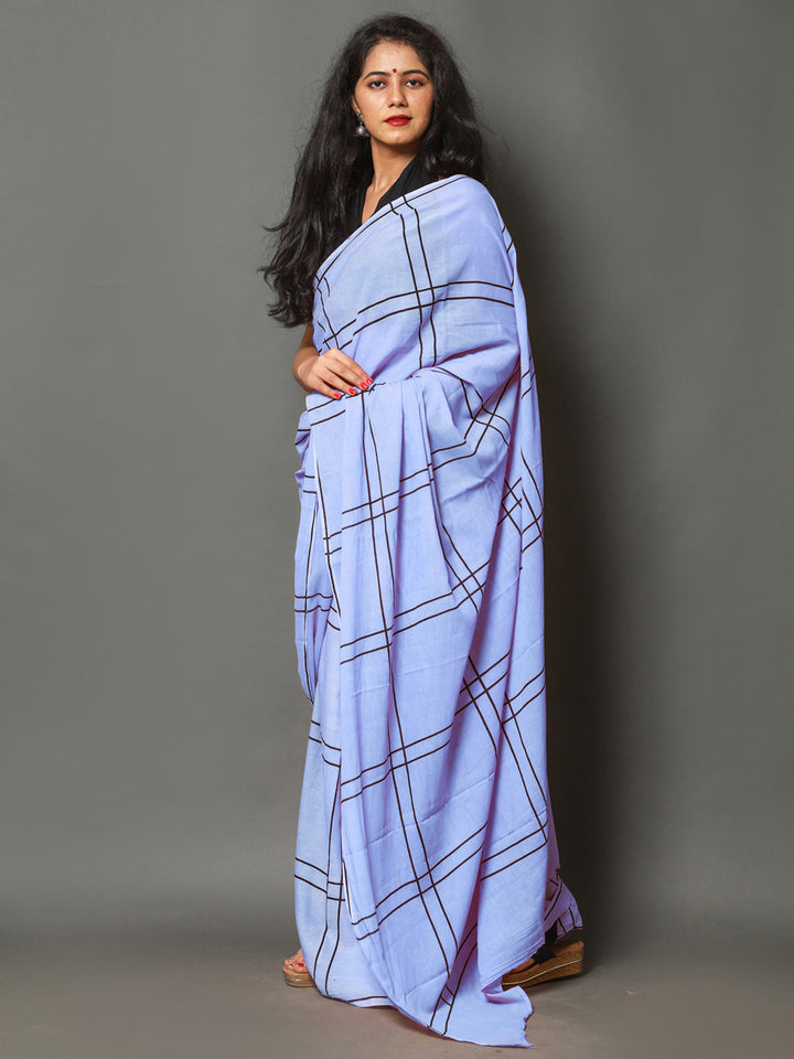 Buta Buti Blue Color Checked Printed Pure Cotton Saree