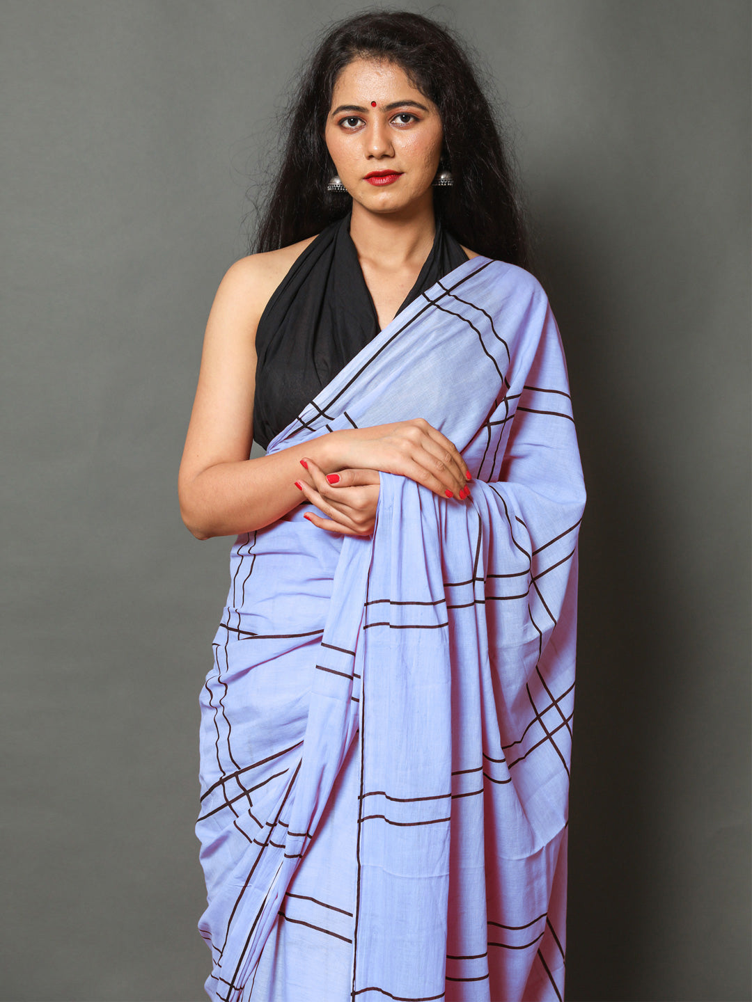 Buta Buti Blue Color Checked Printed Pure Cotton Saree