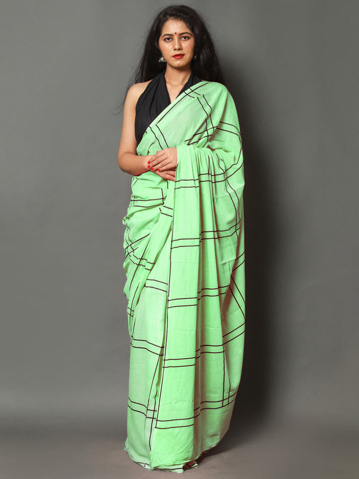 Buta Buti Green Color Checked Printed Pure Cotton Saree