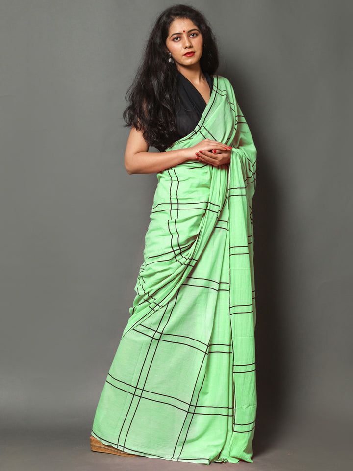 Buta Buti Green Color Checked Printed Pure Cotton Saree