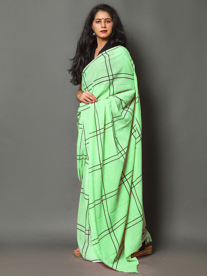 Buta Buti Green Color Checked Printed Pure Cotton Saree