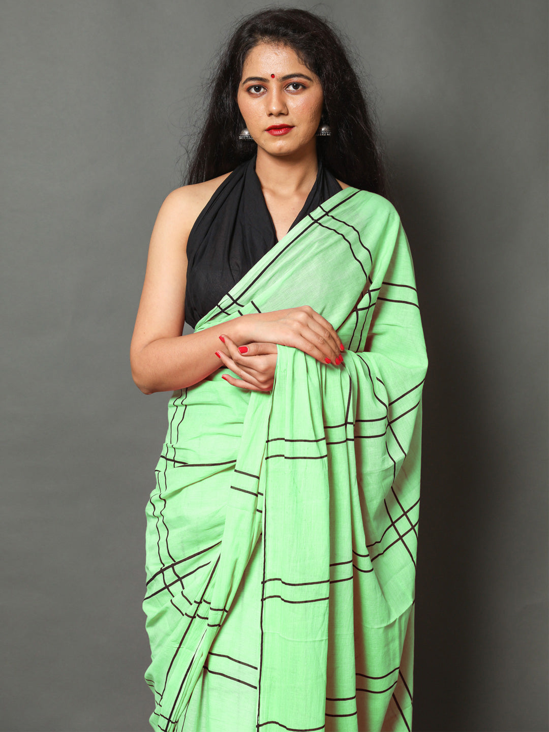 Buta Buti Green Color Checked Printed Pure Cotton Saree