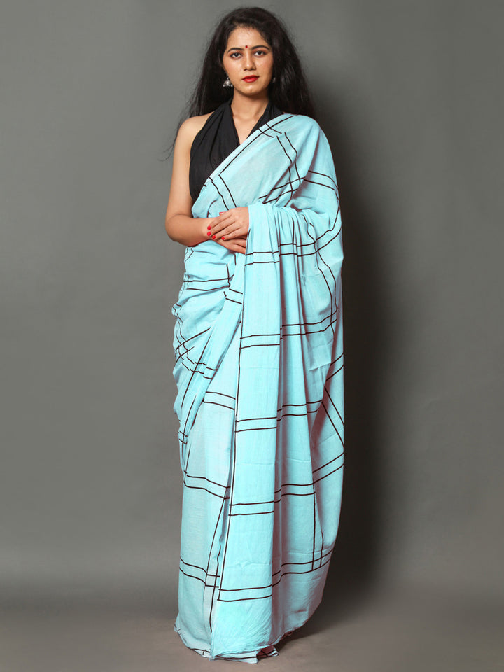 Buta Buti Blue Color Checked Printed Pure Cotton Saree