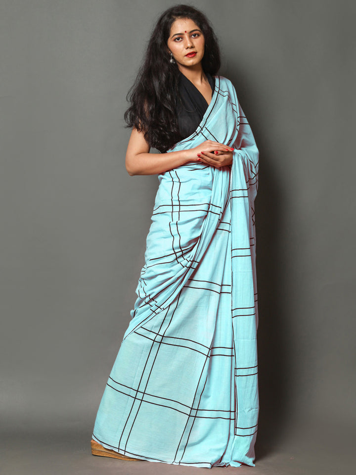 Buta Buti Blue Color Checked Printed Pure Cotton Saree