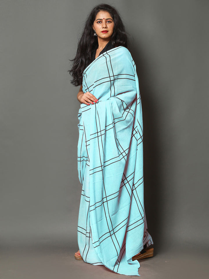 Buta Buti Blue Color Checked Printed Pure Cotton Saree