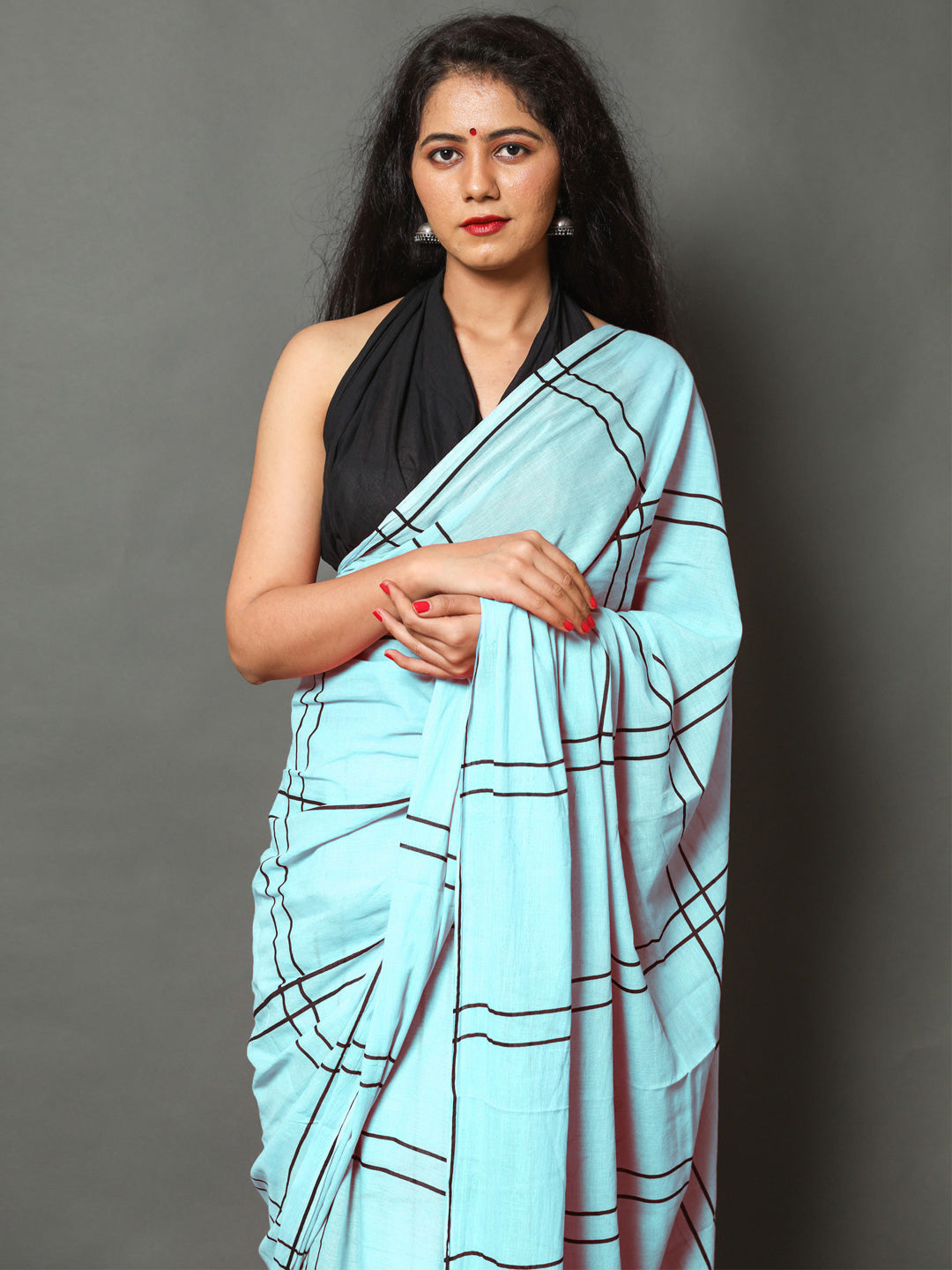 Buta Buti Blue Color Checked Printed Pure Cotton Saree