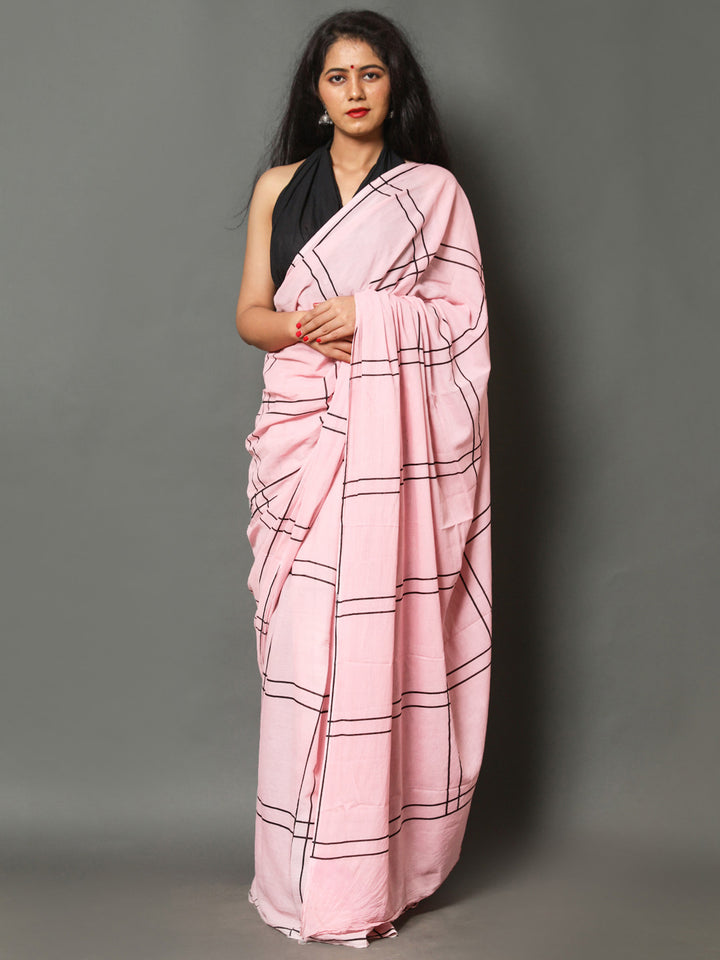 Buta Buti Pink Color Checked Printed Pure Cotton Saree