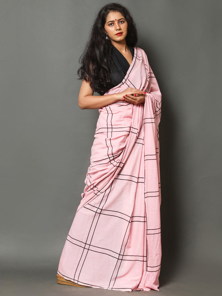 Buta Buti Pink Color Checked Printed Pure Cotton Saree