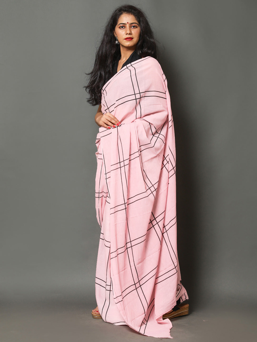 Buta Buti Pink Color Checked Printed Pure Cotton Saree