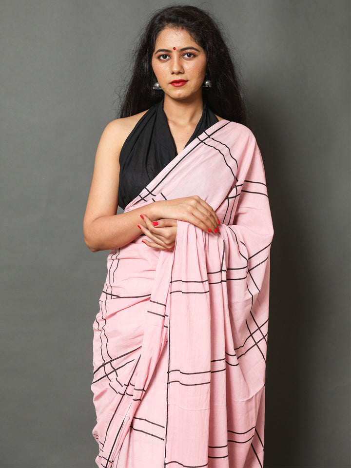 Buta Buti Pink Color Checked Printed Pure Cotton Saree