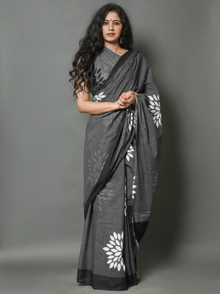 Buta Buti Black Color Floral Printed Pure Cotton Saree