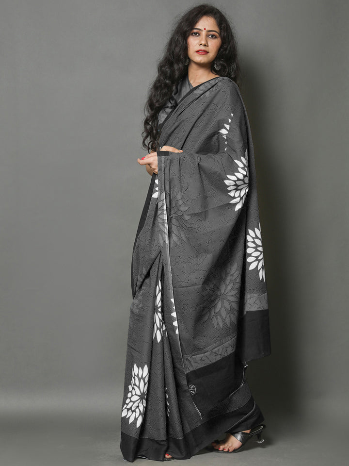 Buta Buti Black Color Floral Printed Pure Cotton Saree