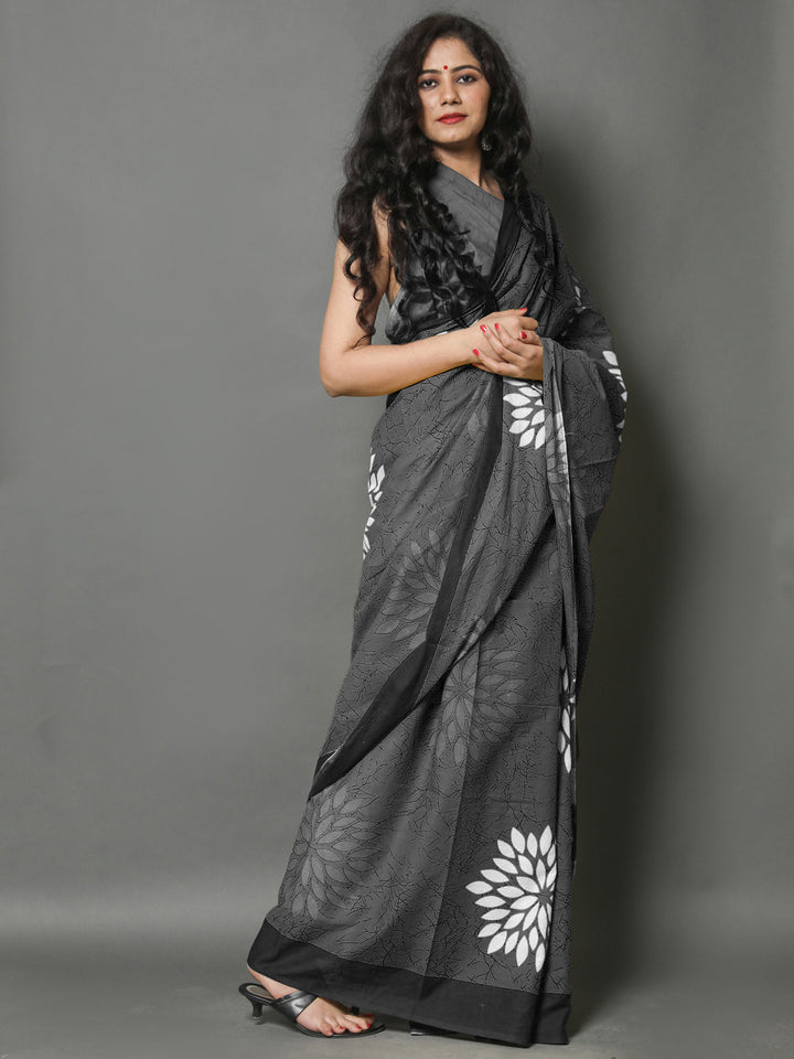 Buta Buti Black Color Floral Printed Pure Cotton Saree