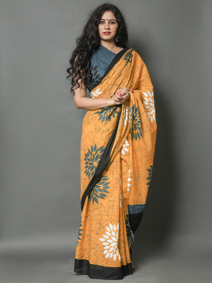 Buta Buti Mustard Color Floral Printed Pure Cotton Saree