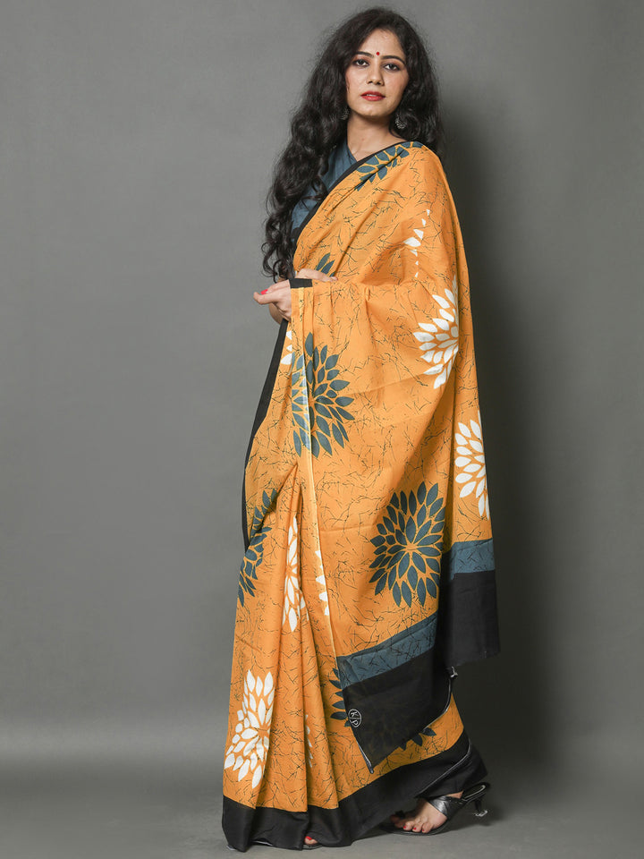 Buta Buti Mustard Color Floral Printed Pure Cotton Saree