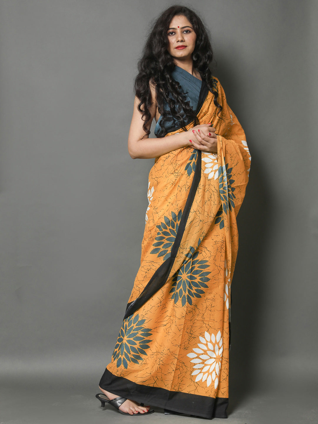 Buta Buti Mustard Color Floral Printed Pure Cotton Saree