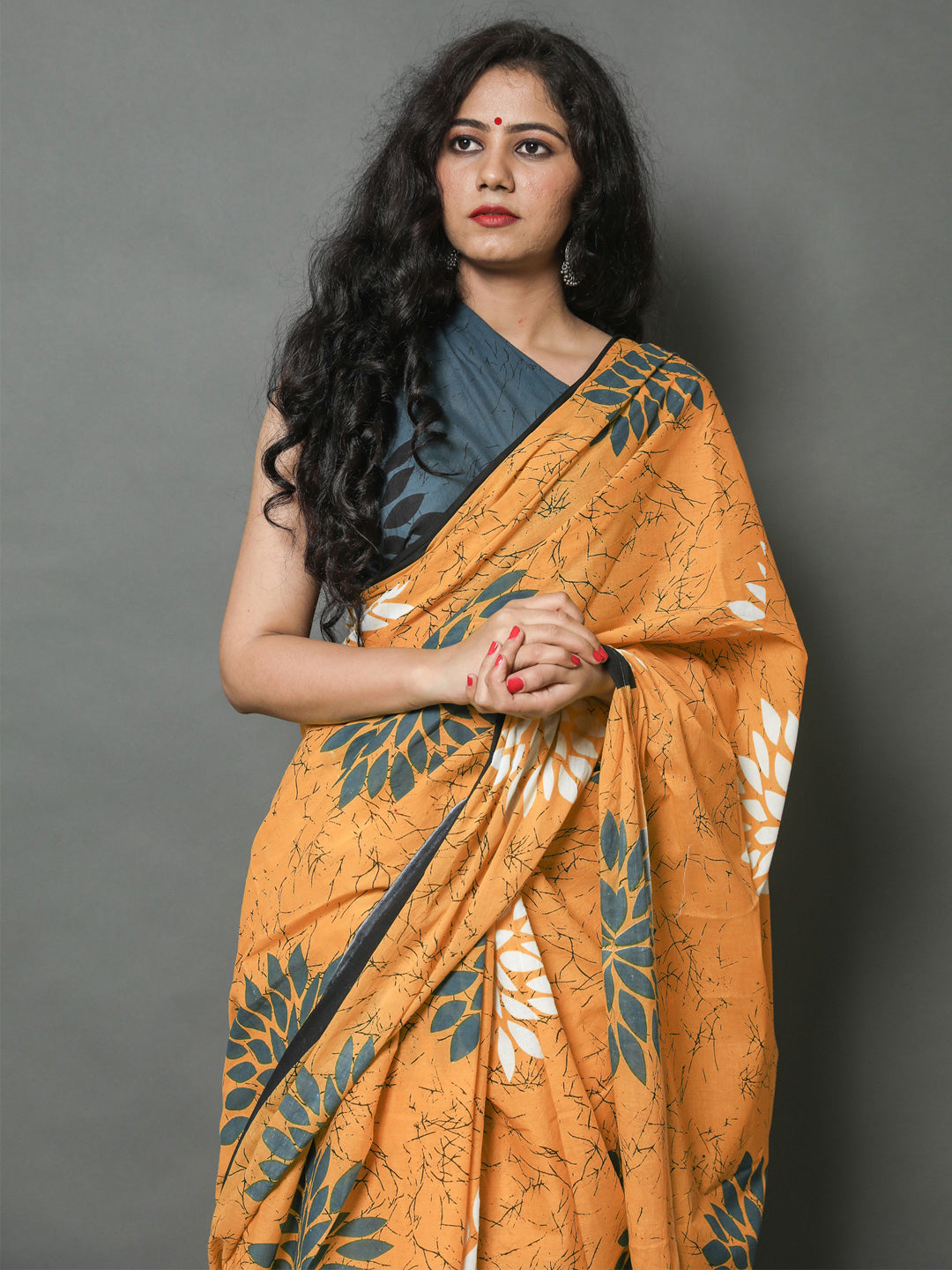 Buta Buti Mustard Color Floral Printed Pure Cotton Saree