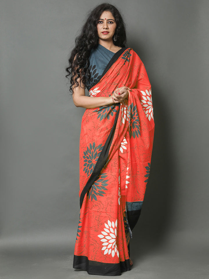 Buta Buti Orange Color Floral Printed Pure Cotton Saree